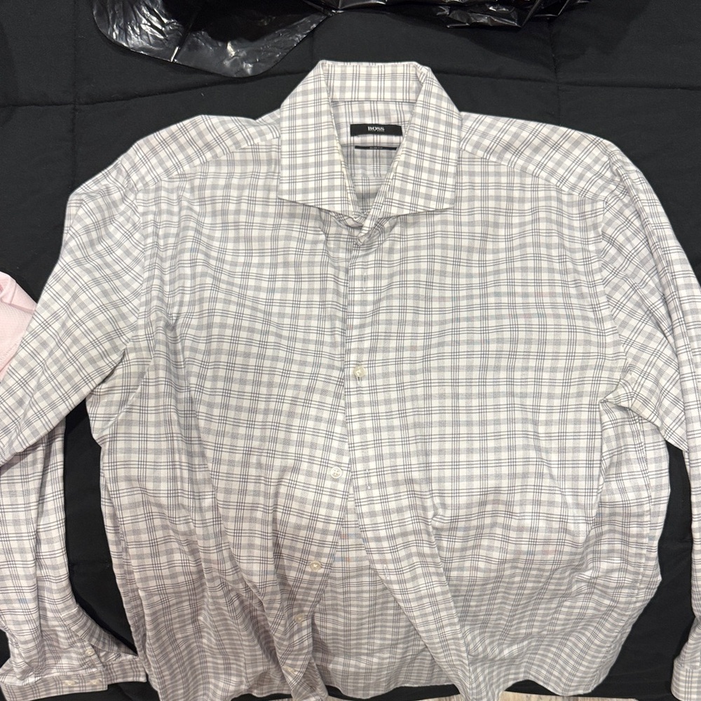Hugo Boss Classic White and Gray Plaid Dress Shirt